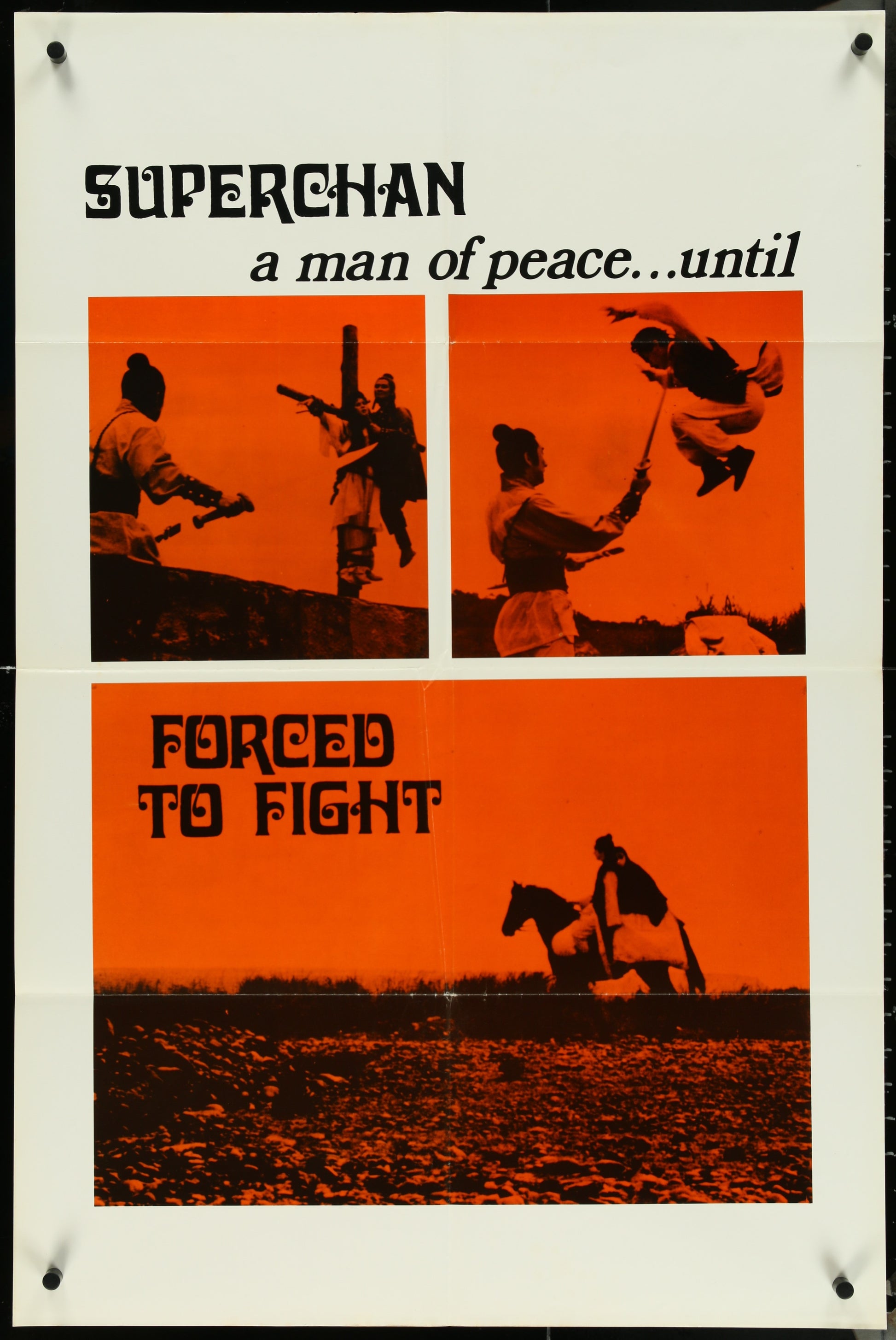 A vintage orange and black movie poster featuring images of two people in martial arts outfits, with the title 'FORCED TO FIGHT' at the bottom.