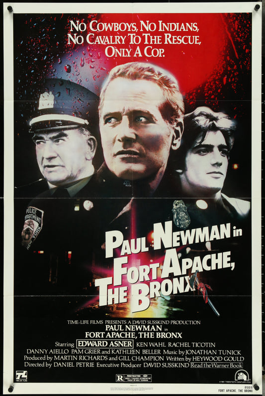 Original folded one-sheet movie poster for 'Fort Apache, The Bronx' featuring images of three male characters prominently in the center with a police car in the background on a dark street at night.