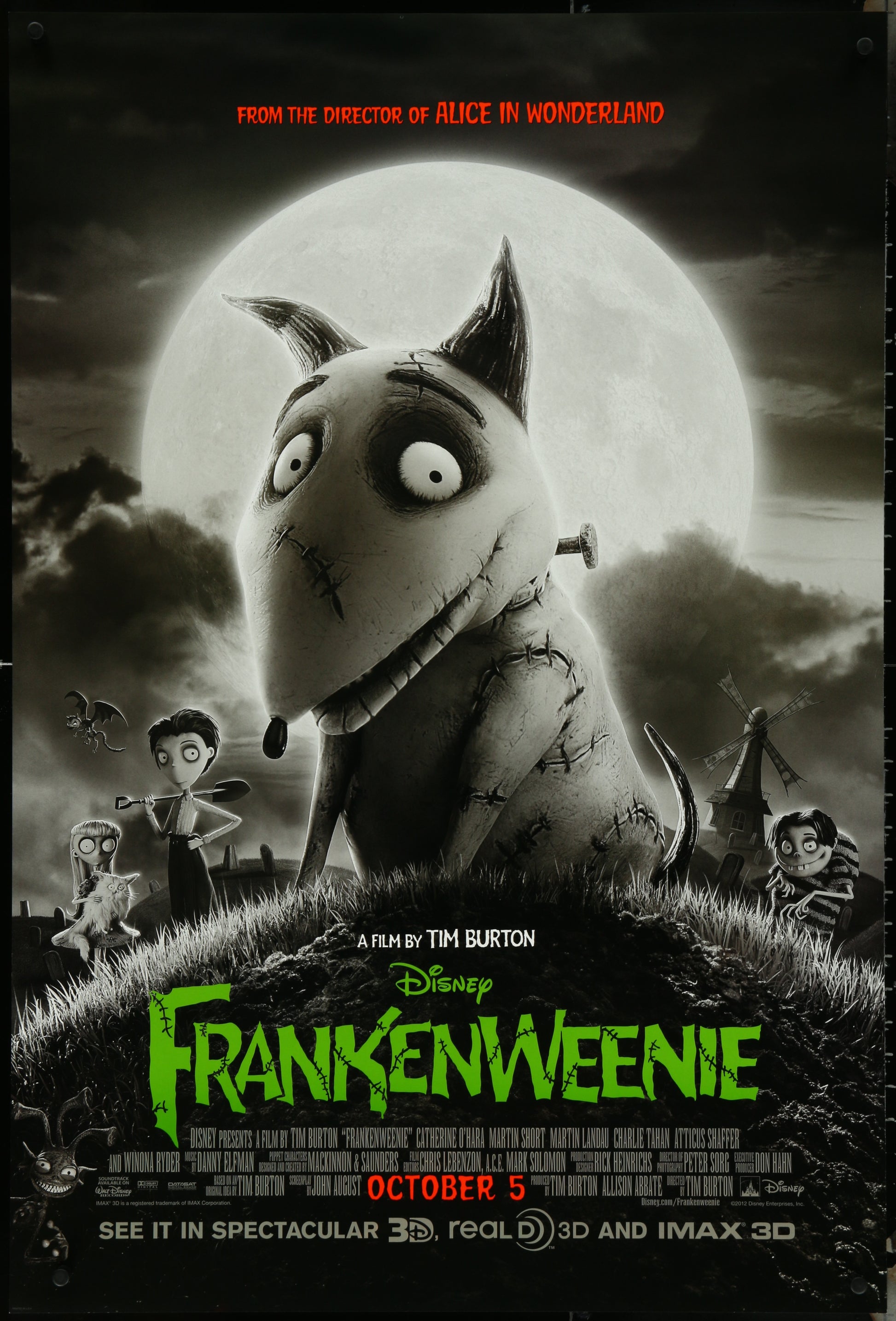 Original US one-sheet movie poster for 'Frankenweenie' featuring a character illustration with a moonlit background and other film characters in the background.