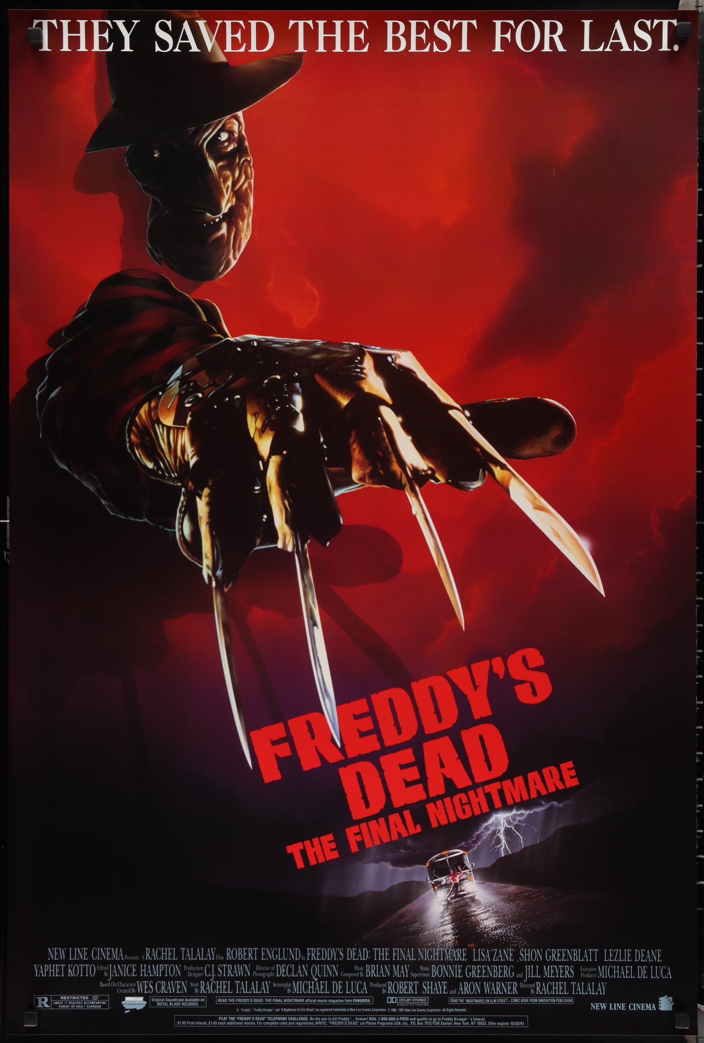 Movie poster for 'Freddy's Dead: The Final Nightmare' with a dark red background and a clawed hand holding a knife.