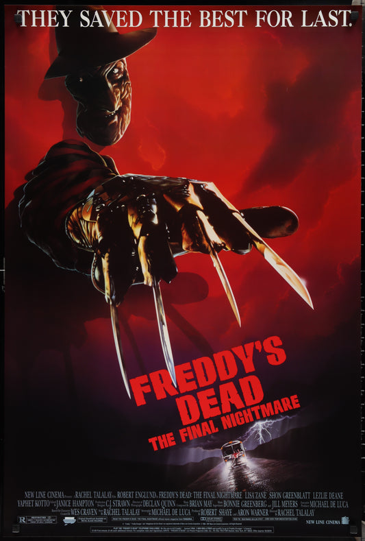 Movie poster for 'Freddy's Dead: The Final Nightmare' with a dark red background and a clawed hand holding a knife.