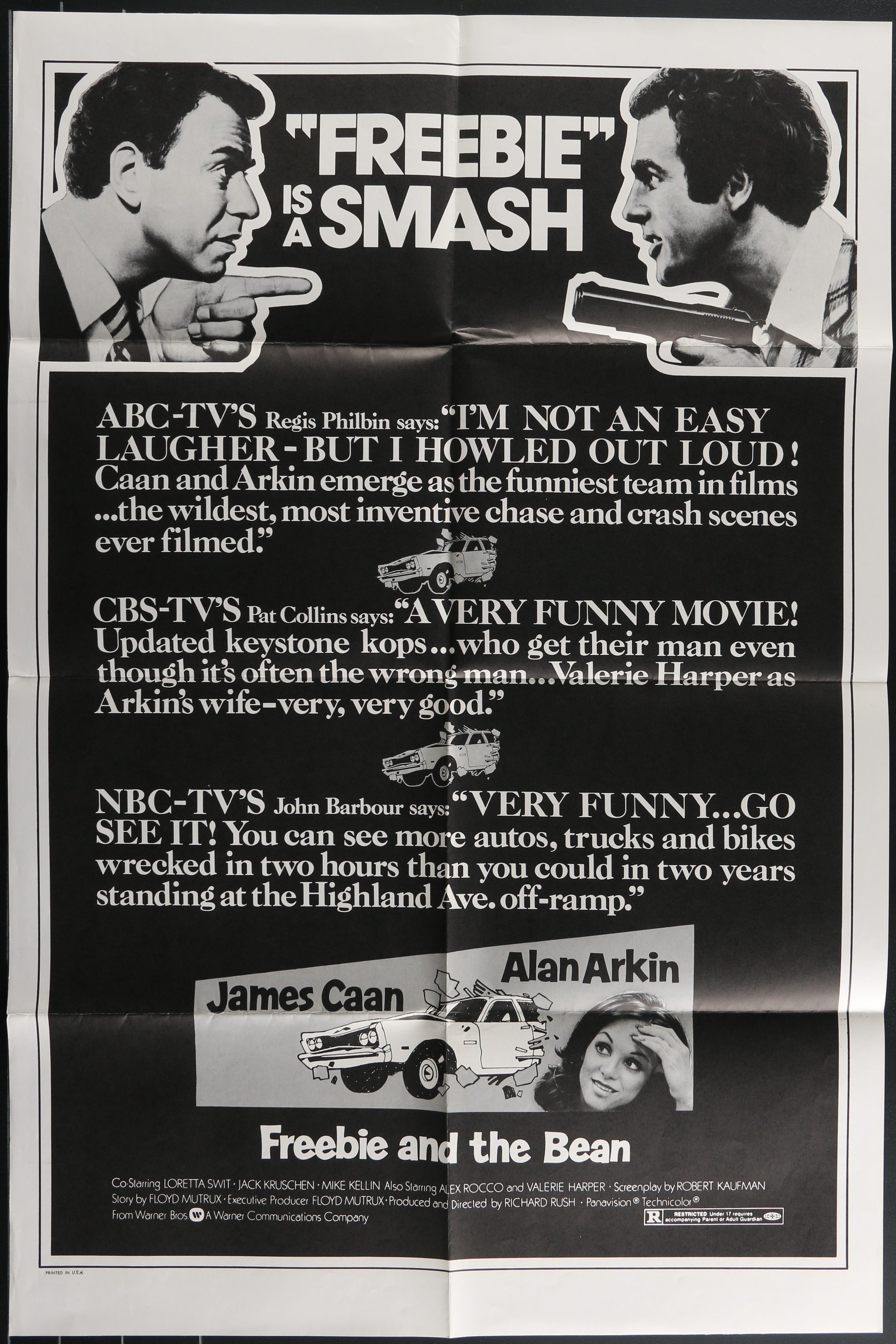 Original US one sheet movie poster for 'Freebie and the Bean' featuring images of the main characters, James Caan and Alan Arkin, with a car chase scene in the background.