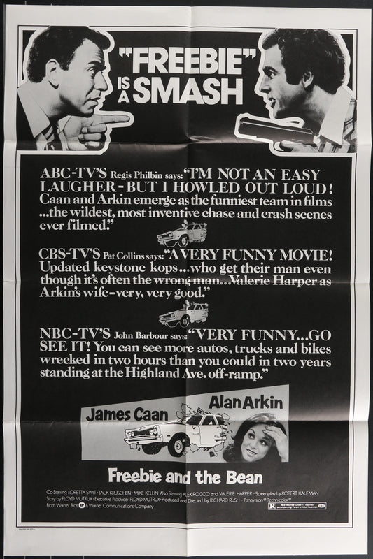 Original US one sheet movie poster for 'Freebie and the Bean' featuring images of the main characters, James Caan and Alan Arkin, with a car chase scene in the background.