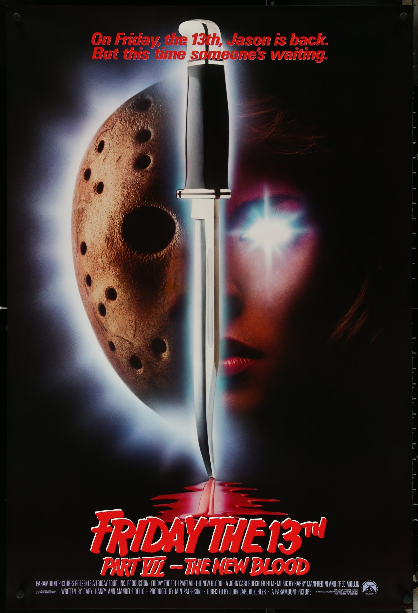 Original movie poster for Friday The 13th Part VII featuring a hockey mask and a knife with the title and some text on it.