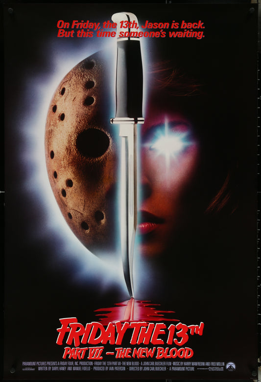 Original movie poster for Friday The 13th Part VII featuring a hockey mask and a knife with the title and some text on it.