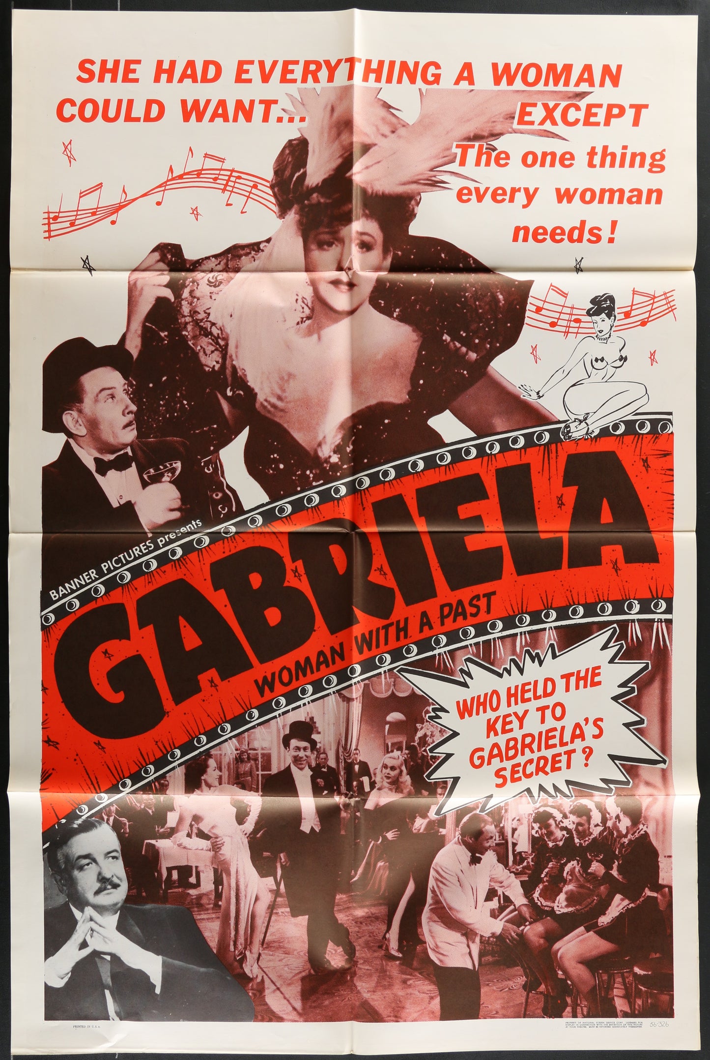 Vintage movie poster for 'Gabriela, Woman with a Past' featuring text and black-and-white images.