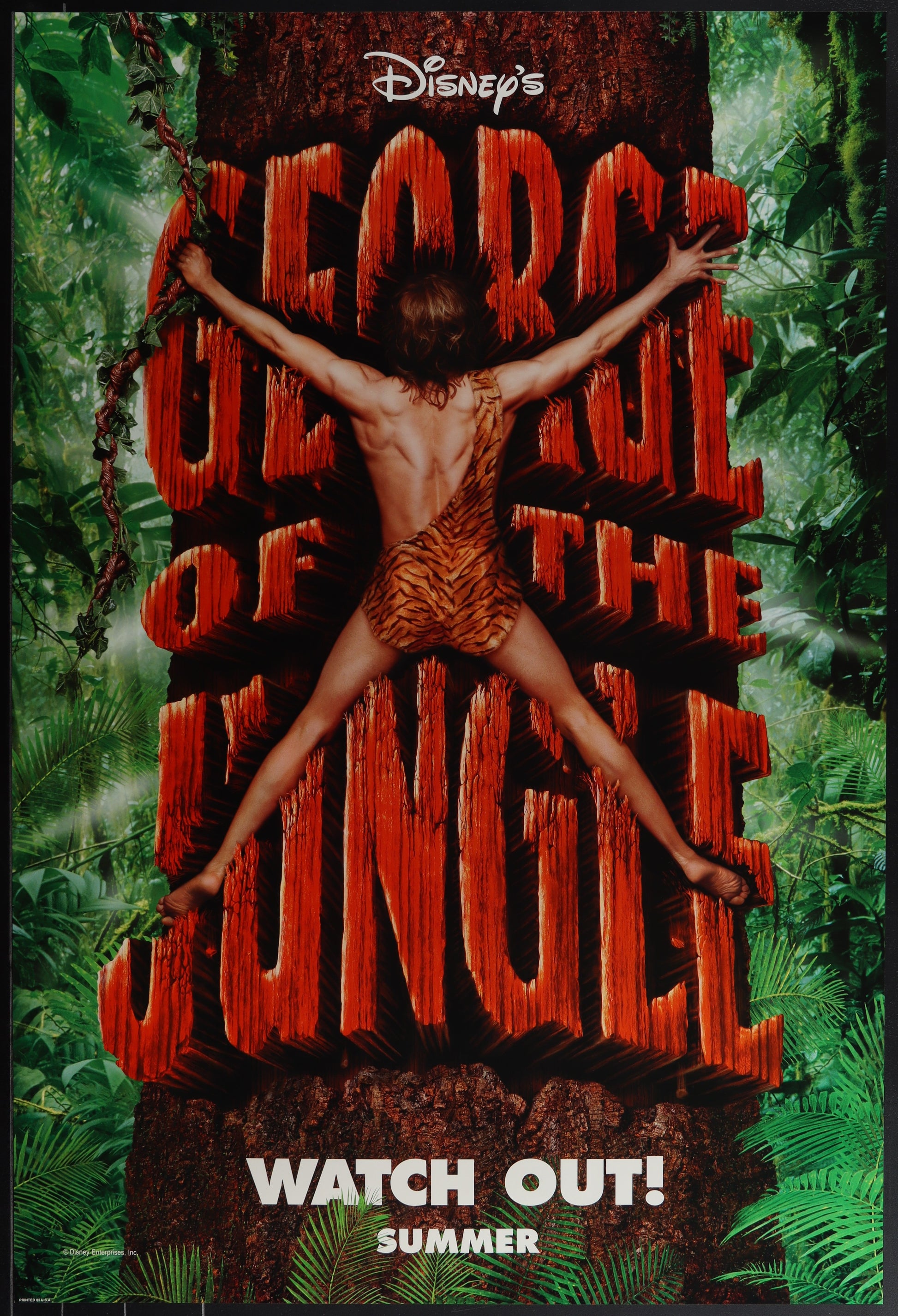 Promotional poster for 'George of the Jungle' with a character in a leopard print outfit against a jungle background.