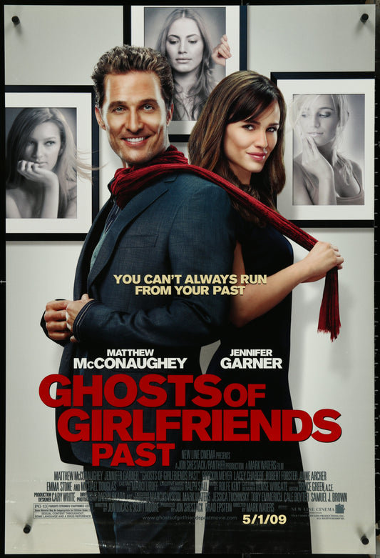 Movie poster for 'Ghosts of Girlfriends Past' featuring a couple with text about running from past relationships.