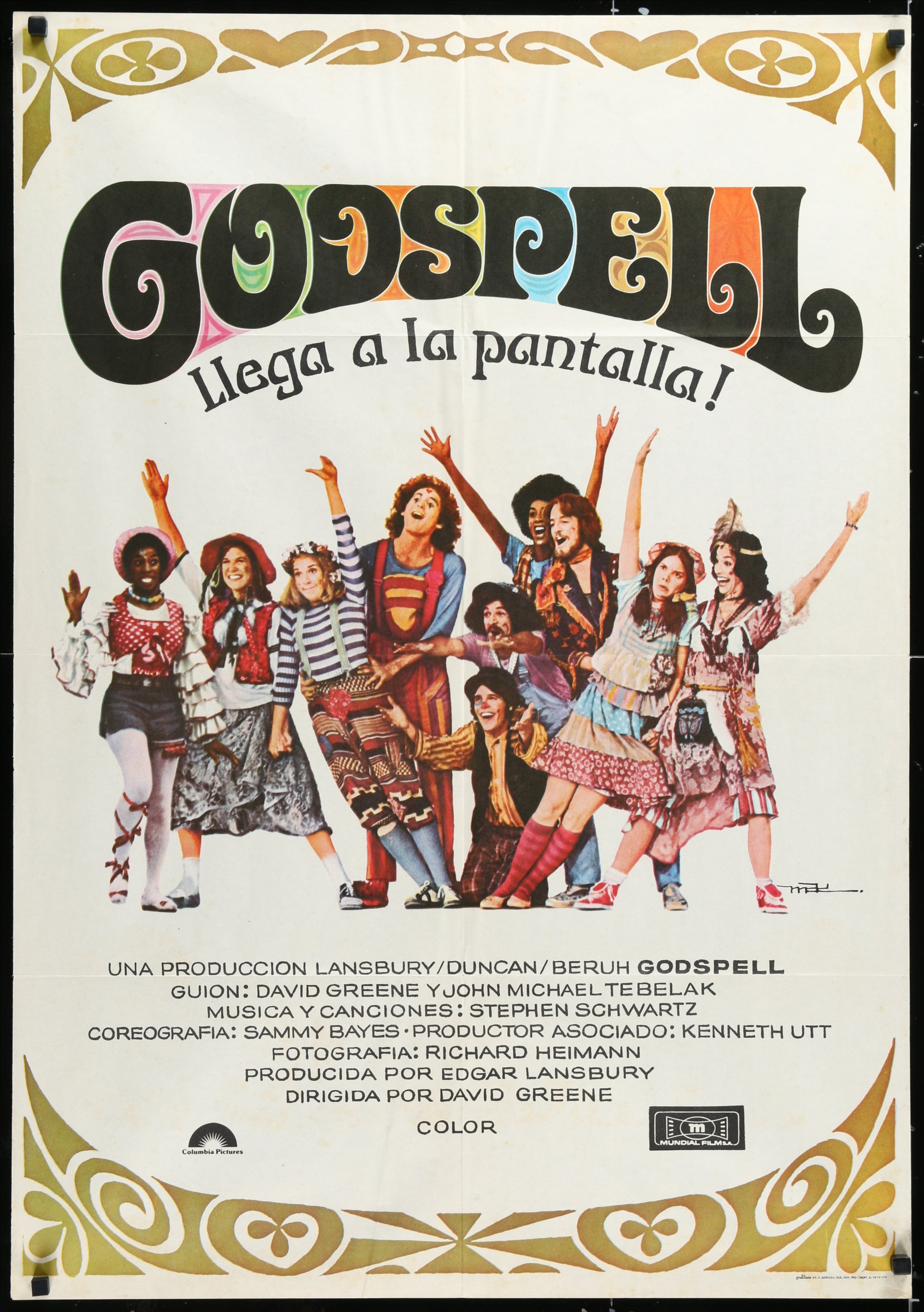 Original Spanish movie poster for 'Godspell' featuring a group photo of the cast in various poses with a colorful, psychedelic background.