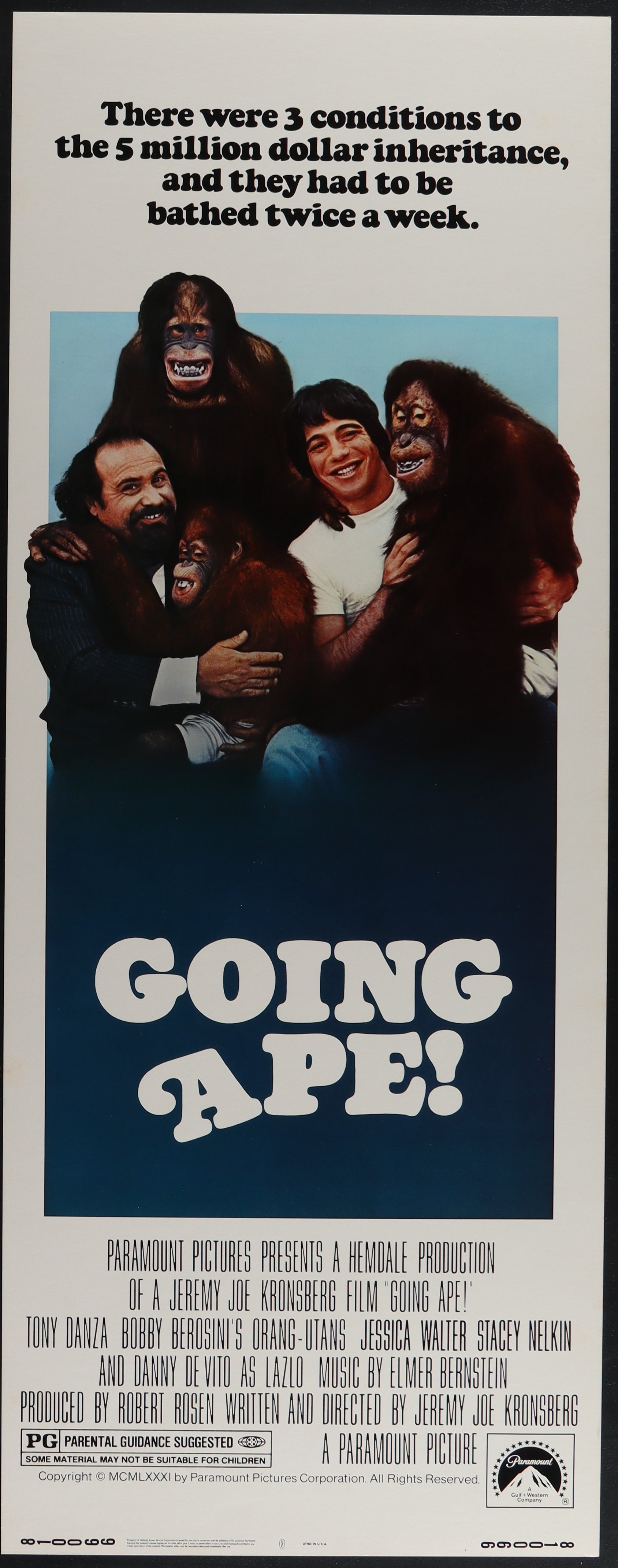 Original US insert movie poster for 'Going Ape' featuring Tony Danza, Jessica Walter, and Danny DeVito. The poster is black with a blue background and shows the actors in ape costumes.