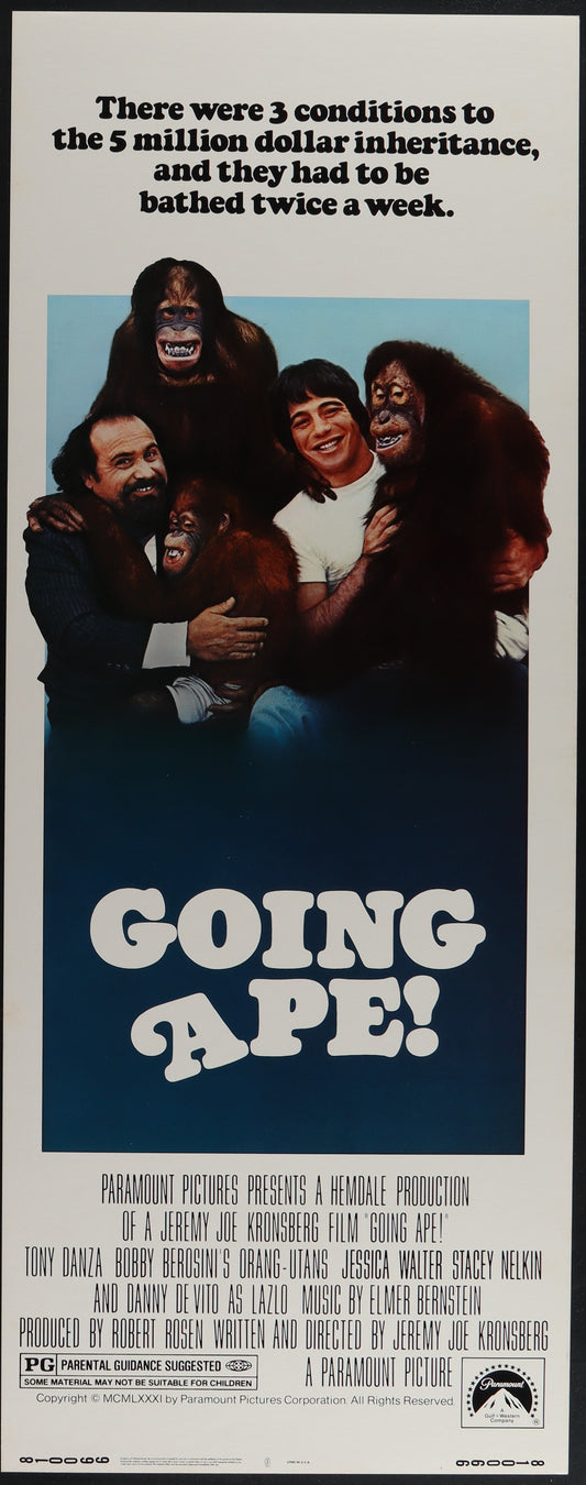 Original US insert movie poster for 'Going Ape' featuring Tony Danza, Jessica Walter, and Danny DeVito. The poster is black with a blue background and shows the actors in ape costumes.