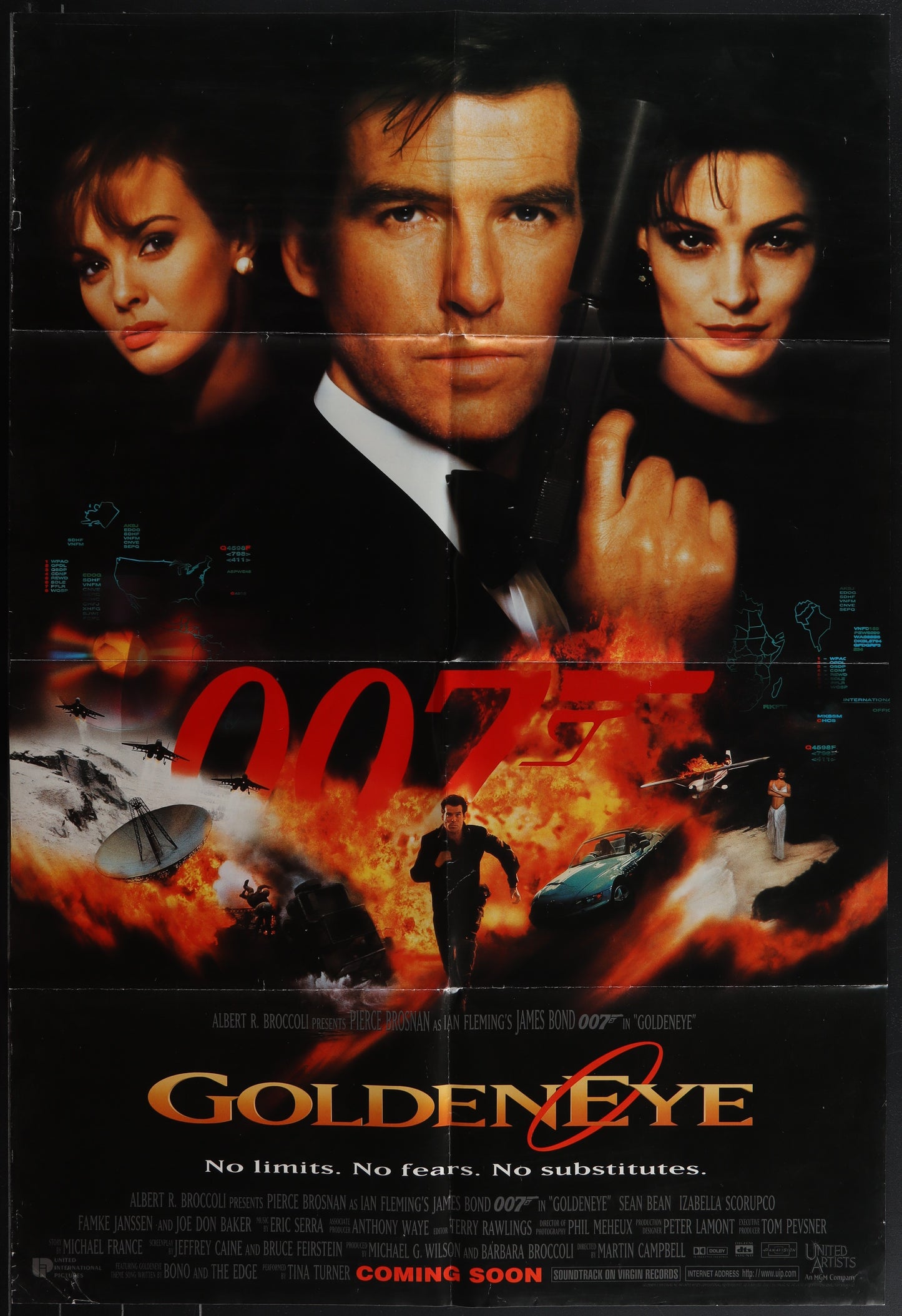 Original US one sheet movie poster for the 1995 film 'Goldeneye' featuring Pierce Brosnan as James Bond, with a background of action and spy-themed graphics.