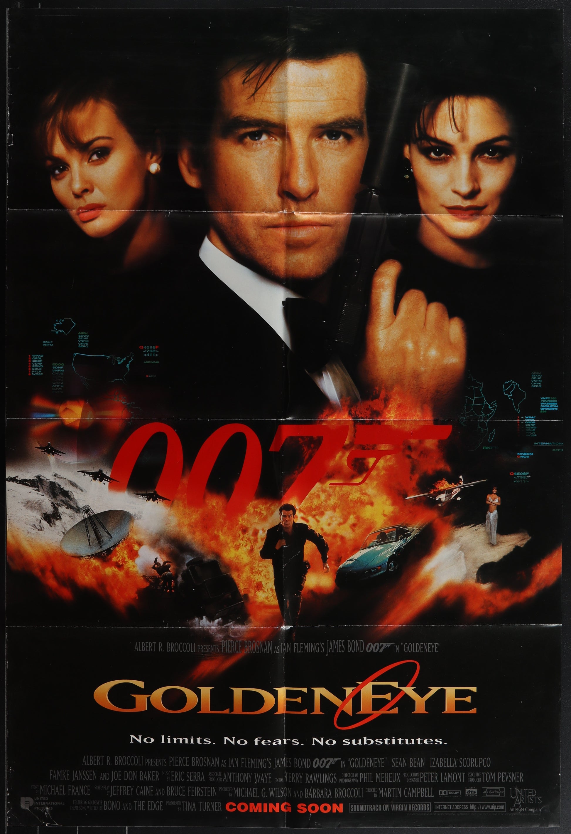 Original US one sheet movie poster for the 1995 film 'Goldeneye' featuring Pierce Brosnan as James Bond, with a background of action and spy-themed graphics.