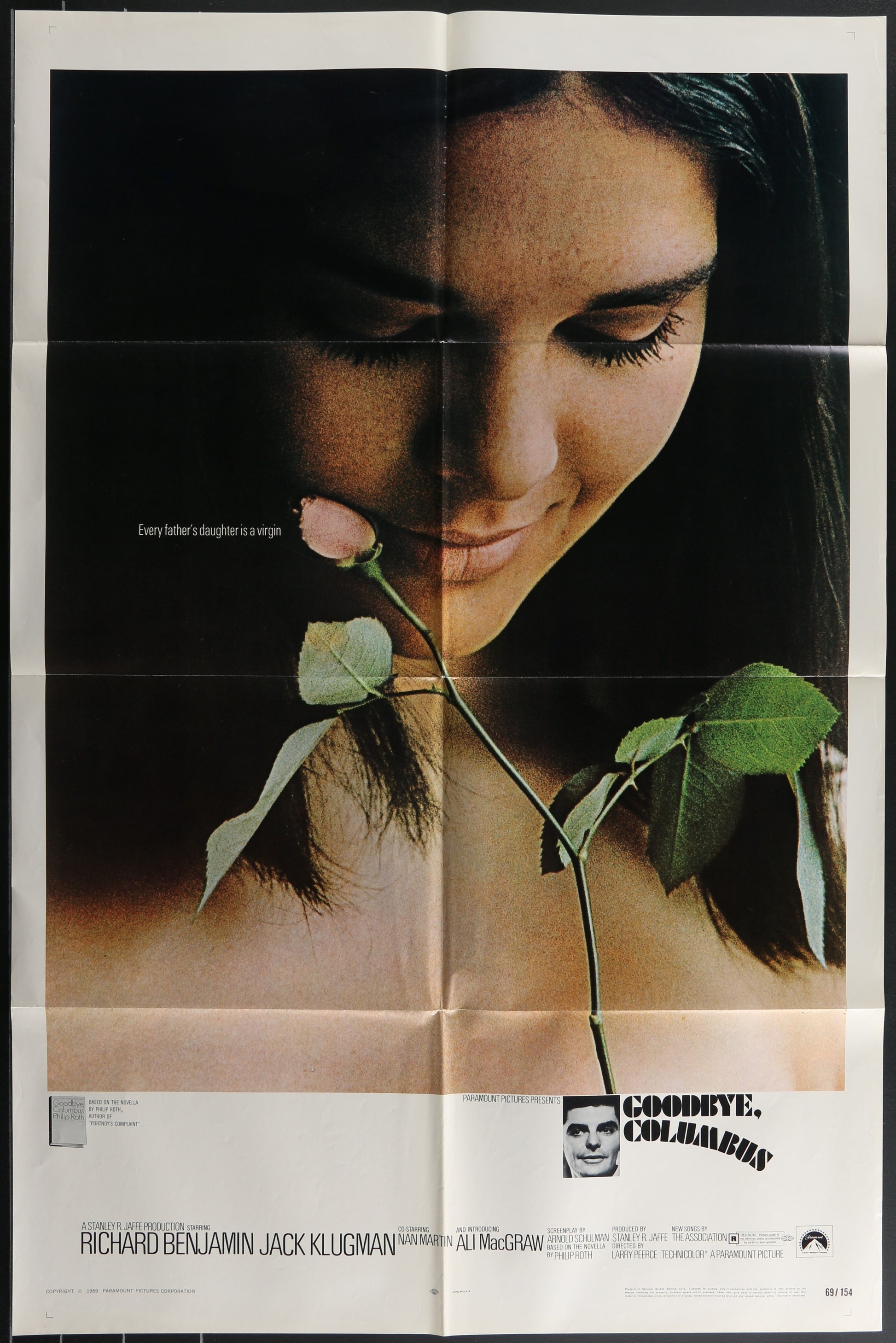 Original US one sheet movie poster for 'Goodbye, Columbus' featuring a woman holding a rose, with the movie title at the top.