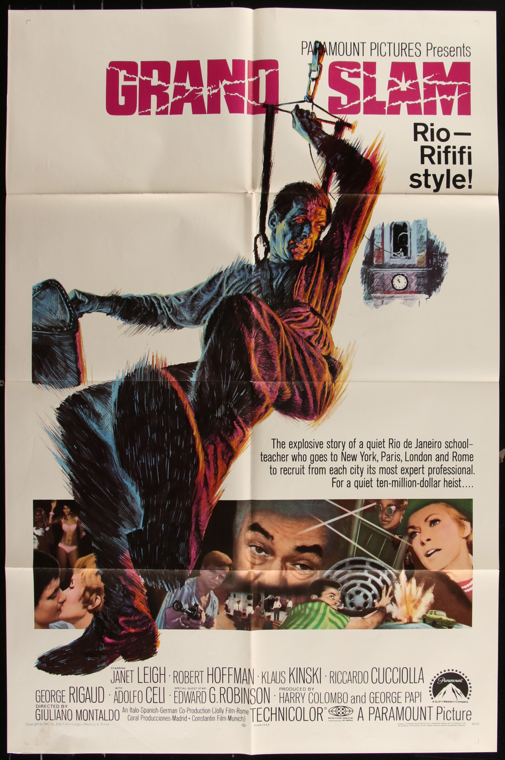 Vintage style movie poster for 'The Grand Slam' featuring a stylized image of a man hanging from a clock tower with various other characters and a clock in the background.