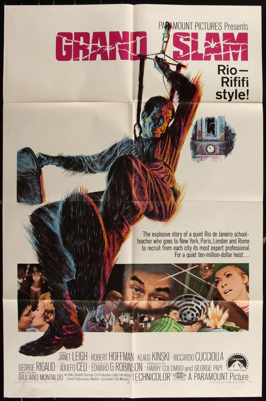 Vintage style movie poster for 'The Grand Slam' featuring a stylized image of a man hanging from a clock tower with various other characters and a clock in the background.