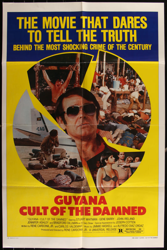 Vintage style movie poster for 'Guyana Cult Of The Damned' featuring a man in sunglasses and a woman with a baby, set against a background of a crowd and an airplane.