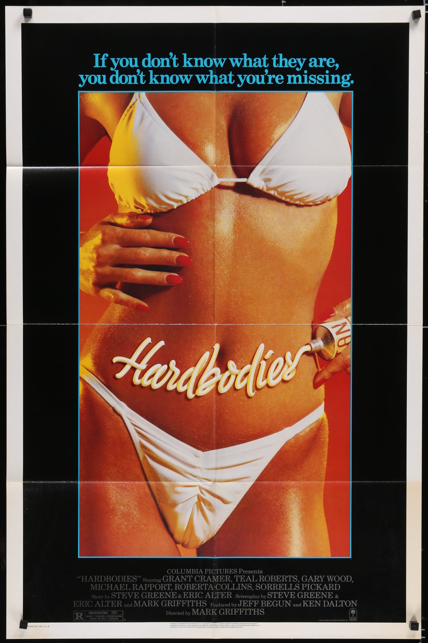 Vintage movie poster featuring a woman in a white bikini top, with the title 'Hardbodies' prominently displayed. The background is orange with a tint of yellow, giving a warm aesthetic.