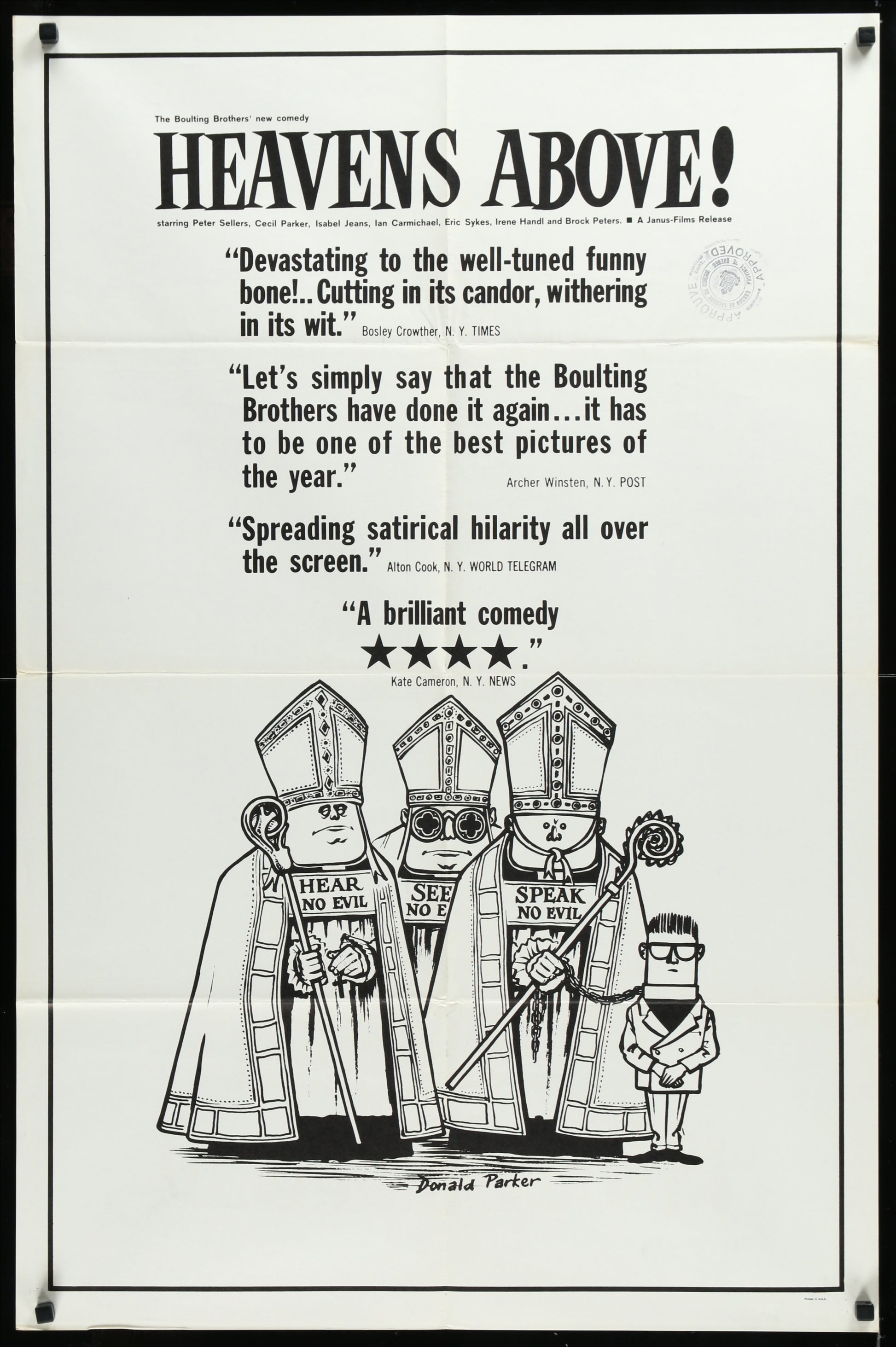 Original US one-sheet movie poster for 'Heaven's Above!' featuring cartoon depictions of three men in religious garb, with the title and quotes at the top.