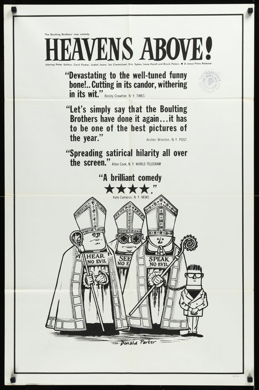 Original US one-sheet movie poster for 'Heaven's Above!' featuring cartoon depictions of three men in religious garb, with the title and quotes at the top.