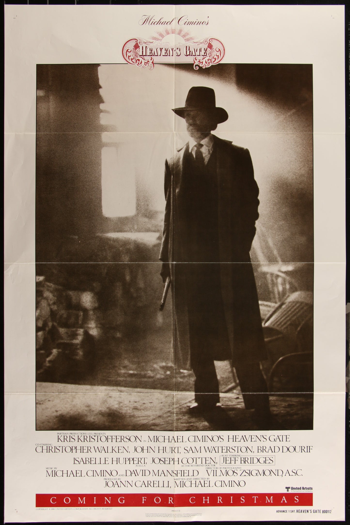 A vintage style one-sheet cinema poster featuring a man in a black hat and coat, with a subtle sepia tone, indicating it's for the classic western film 'Heaven's Gate'.