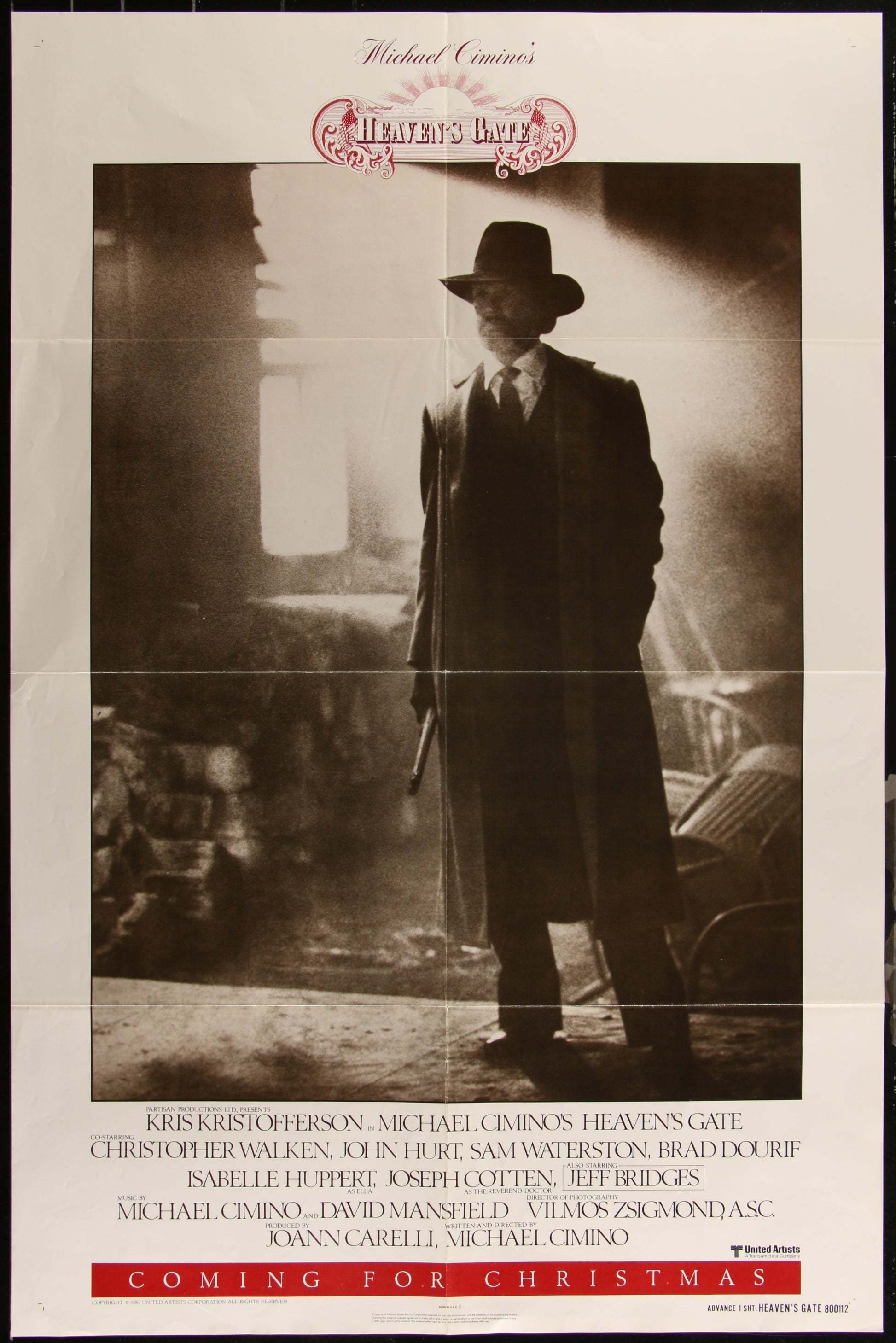 A vintage style one-sheet cinema poster featuring a man in a black hat and coat, with a subtle sepia tone, indicating it's for the classic western film 'Heaven's Gate'.