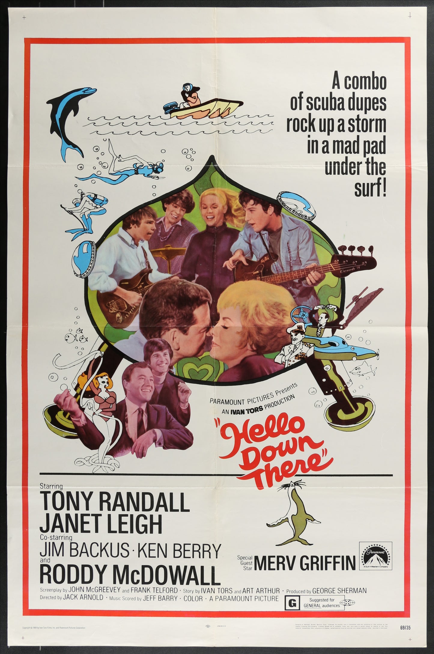 Vintage movie poster for 'Hello Down There' featuring characters and text.