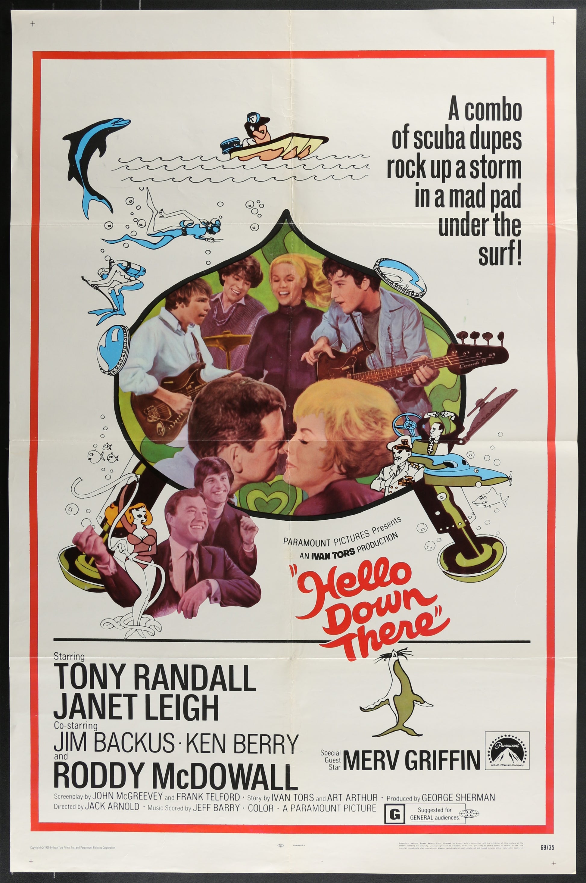 Vintage movie poster for 'Hello Down There' featuring characters and text.