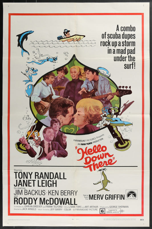 Vintage movie poster for 'Hello Down There' featuring characters and text.