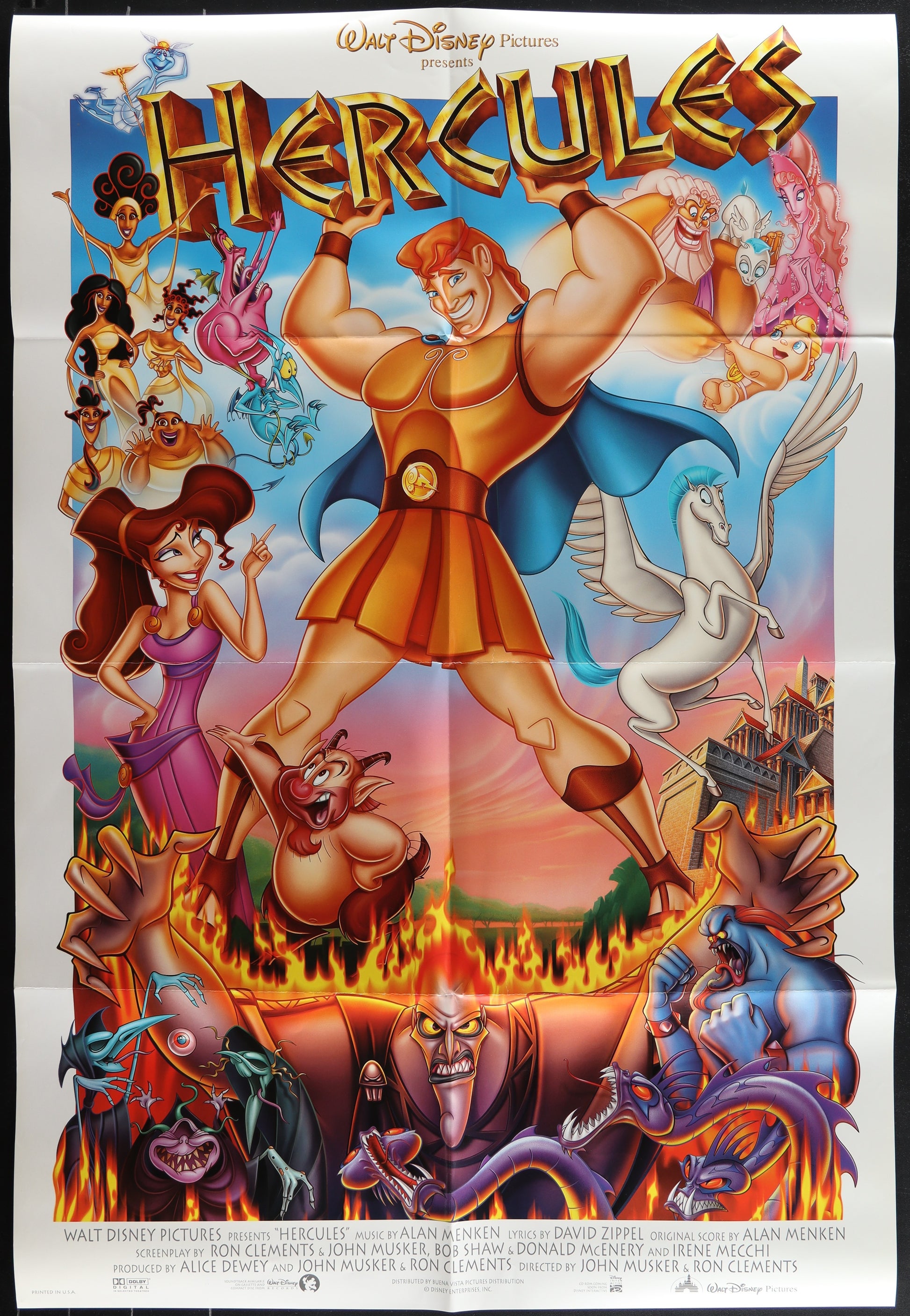 Poster for the Disney movie 'Hercules' featuring Hercules and various characters.