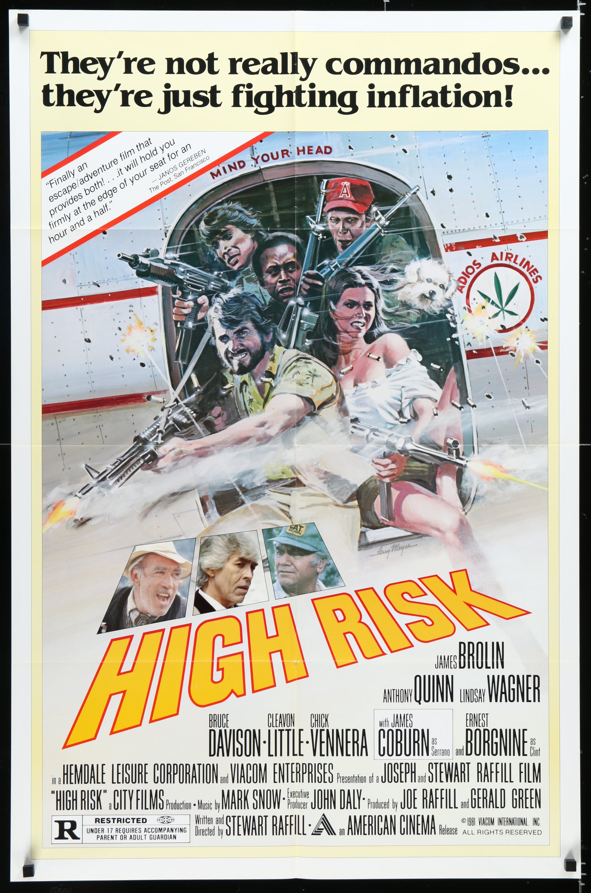 Movie poster for 'High Risk' featuring action scenes and text about fighting inflation.