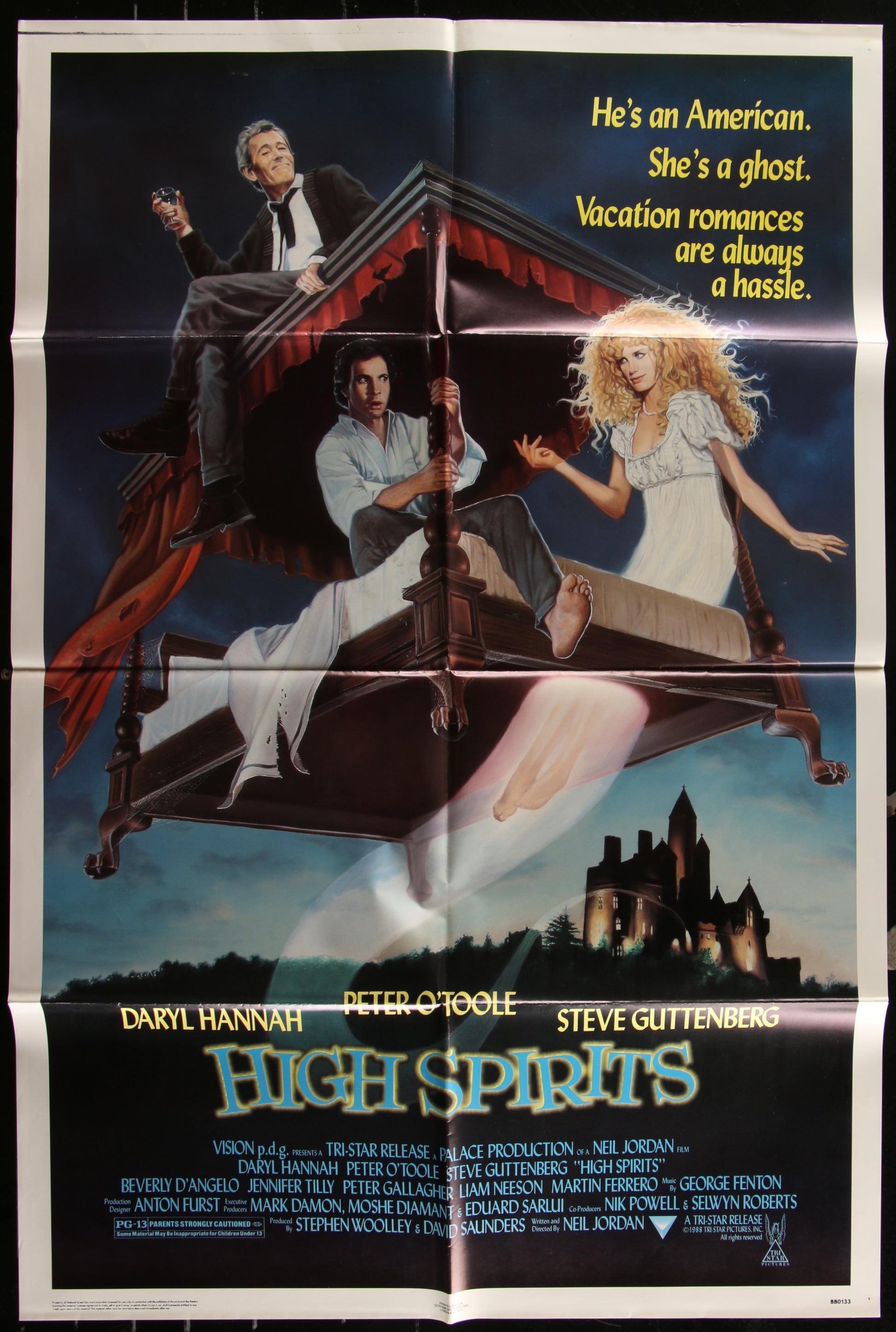 A vintage movie poster for 'High Spirits' (1988) featuring images of the actors Daryl Hannah, Peter O'Toole, and Steve Guttenberg, with a backdrop of a castle and a ghost.