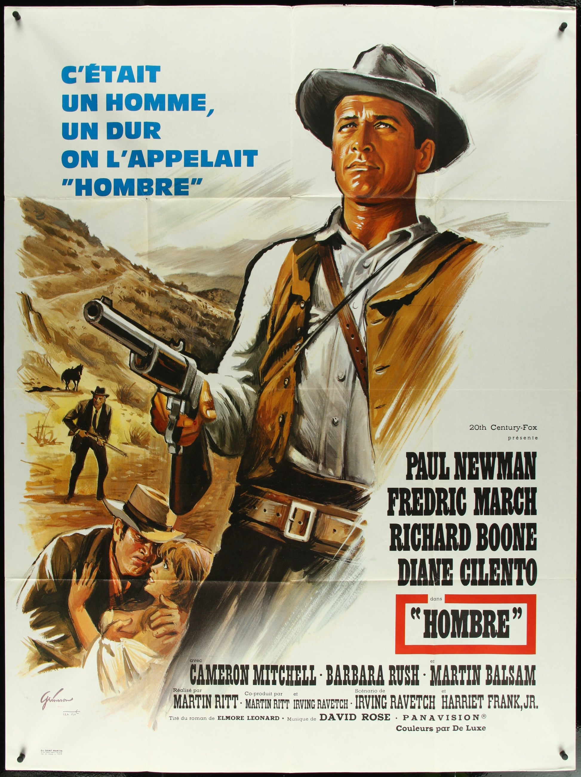 Original French one-panel movie poster for 'Hombre' (1967) featuring a portrait of Paul Newman in a western setting with a title and cast list at the bottom.