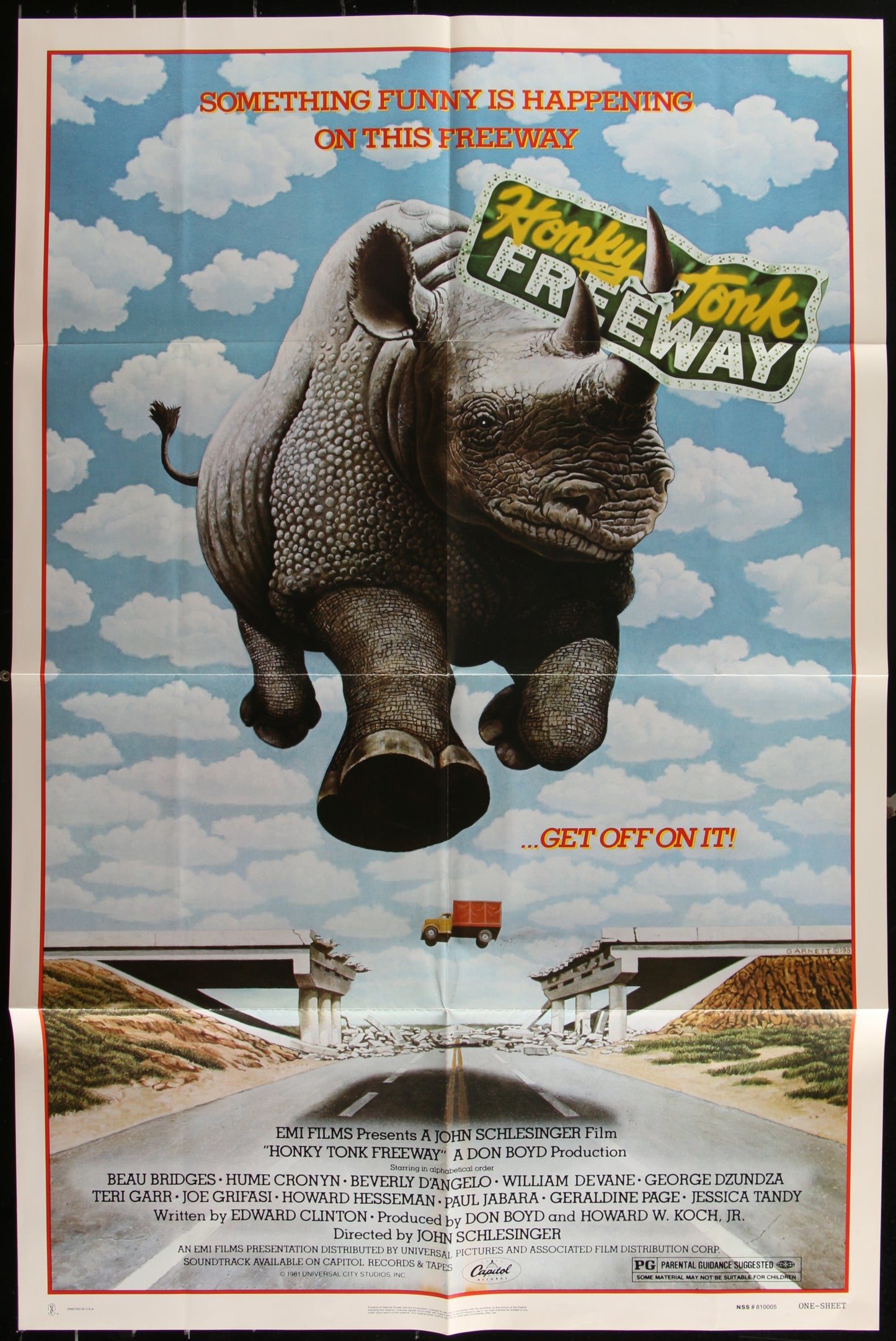 Vintage style movie poster for 'Honky Tonk Freeway' featuring a rhinoceros with a 'Honky Tonk' sign in the background, driving down a road with a blue sky and white clouds in the background. The poster is folded and shows some wear.