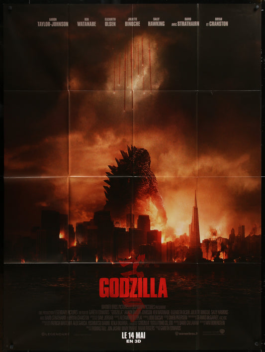 Movie poster for 'Godzilla' with a destroyed cityscape and fiery background.