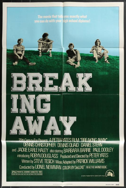 Original US one sheet movie poster for Breaking Away (1979), directed by Peter Yates, featuring Dennis Christopher, Dennis Quaid, and Jackie Earle Haley. Folded poster measuring 27 x 41 inches with some wear on edges and folds.