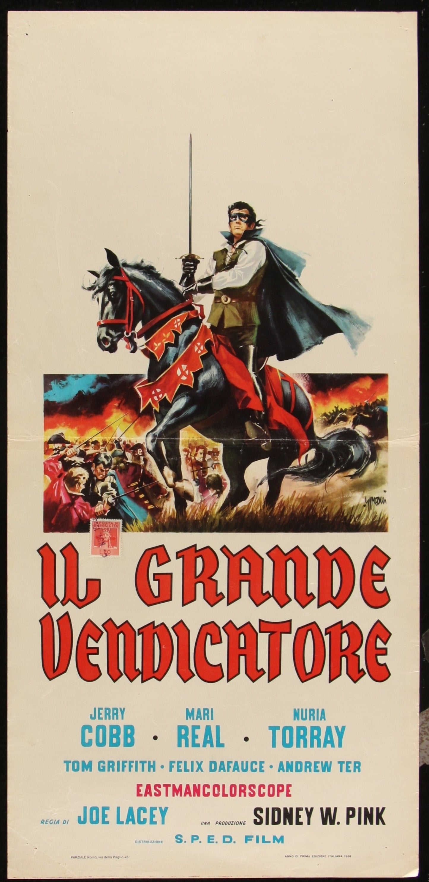 Vintage Italian movie poster for 'Il Grande Vendicatore' featuring a knight on horseback with a castle in the background, surrounded by a mob of people. The poster has red and black text with the title and names of the cast and director.