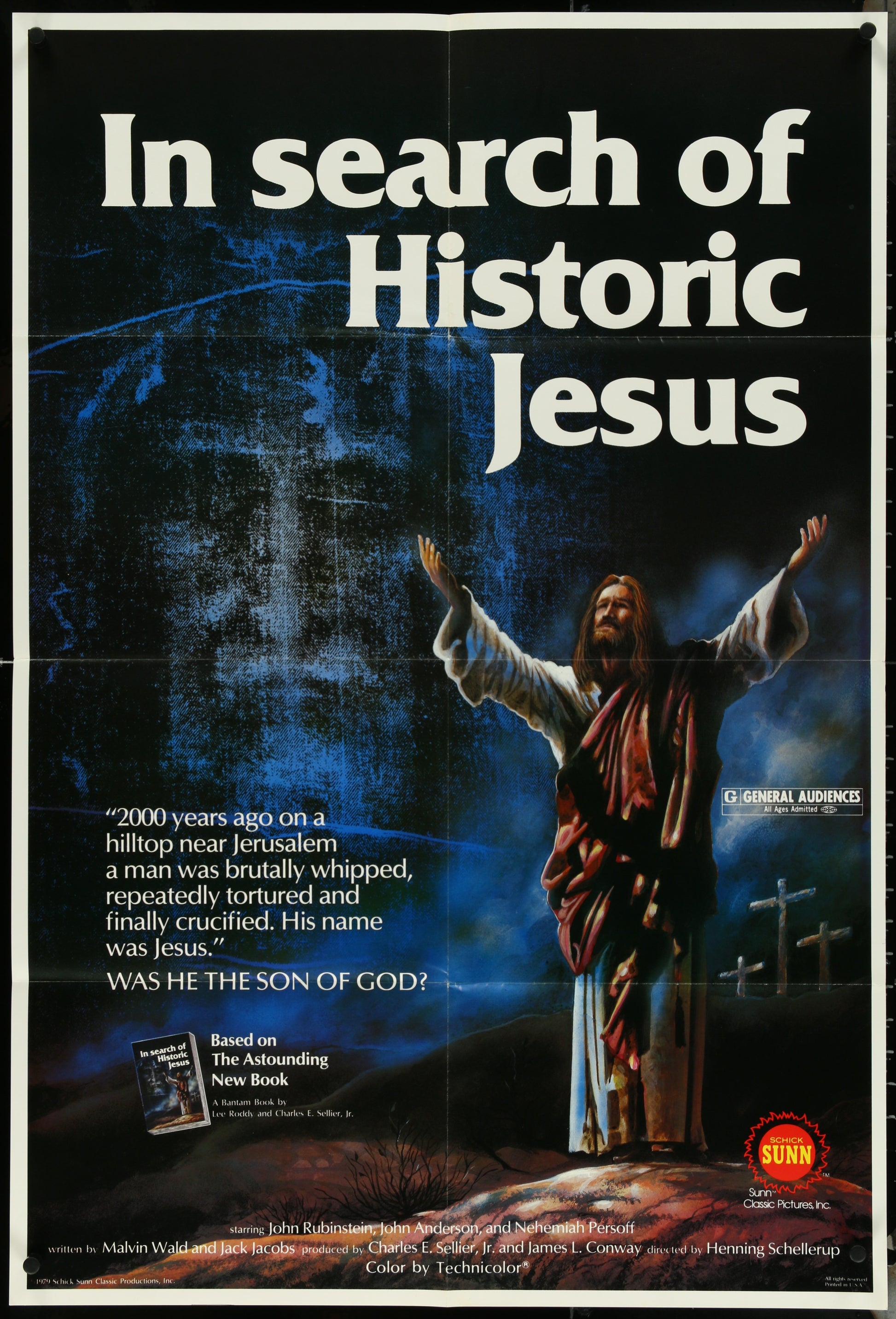 A vintage movie poster for 'In Search Of Historic Jesus' featuring a portrait of Jesus Christ in a dynamic pose with a blurred background.