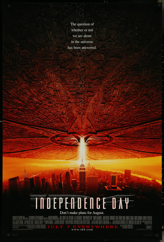 Original US one sheet movie poster for 'Independence Day' (1996) featuring an image of an alien spacecraft with a cityscape in the background.