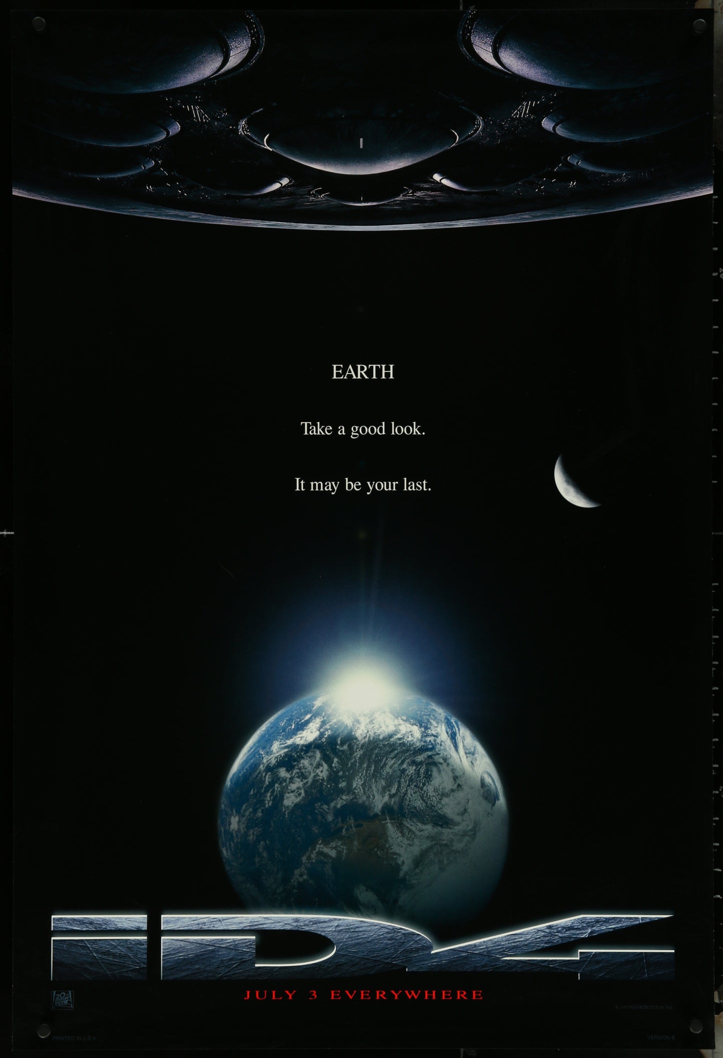 Original US one sheet movie poster for 'Independence Day' (1996) featuring an image of the Earth with moon and stars in the background, and text including the movie title and a quote.