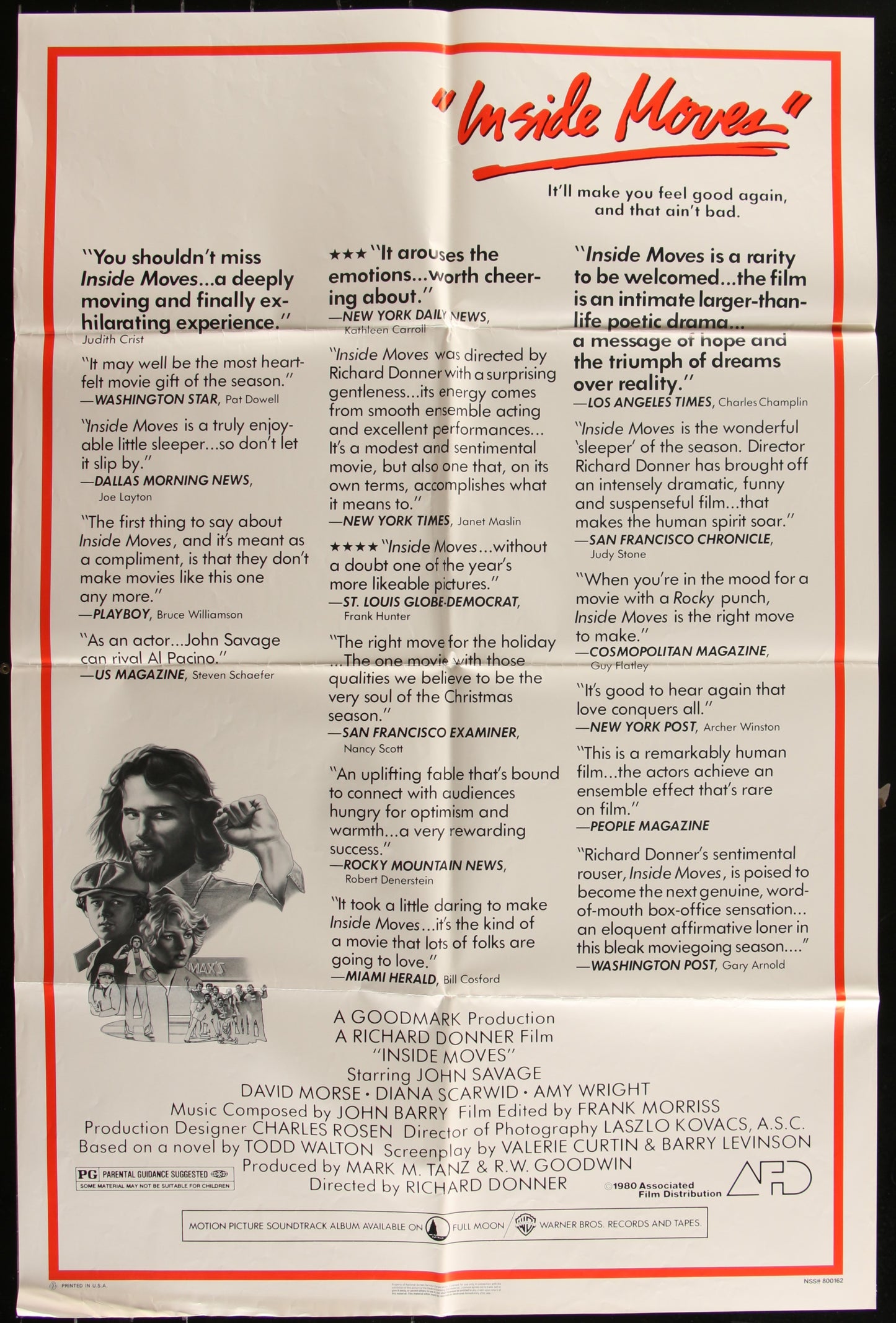 Original US one sheet movie poster for 'Inside Moves' featuring a black and white image of an athlete with text quotes from movie reviews and a white background.