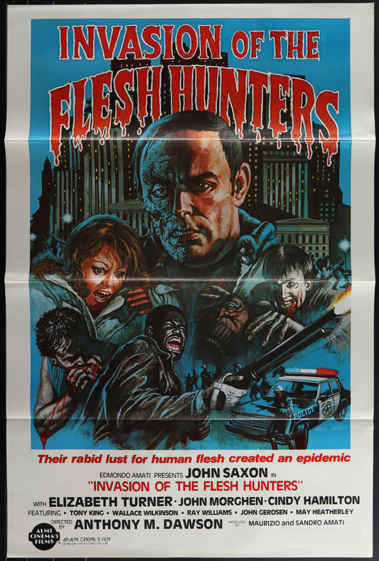 Original 1980 US one sheet movie poster for 'Invasion of the Fleshhunters' featuring artwork with the main characters and a cityscape background.