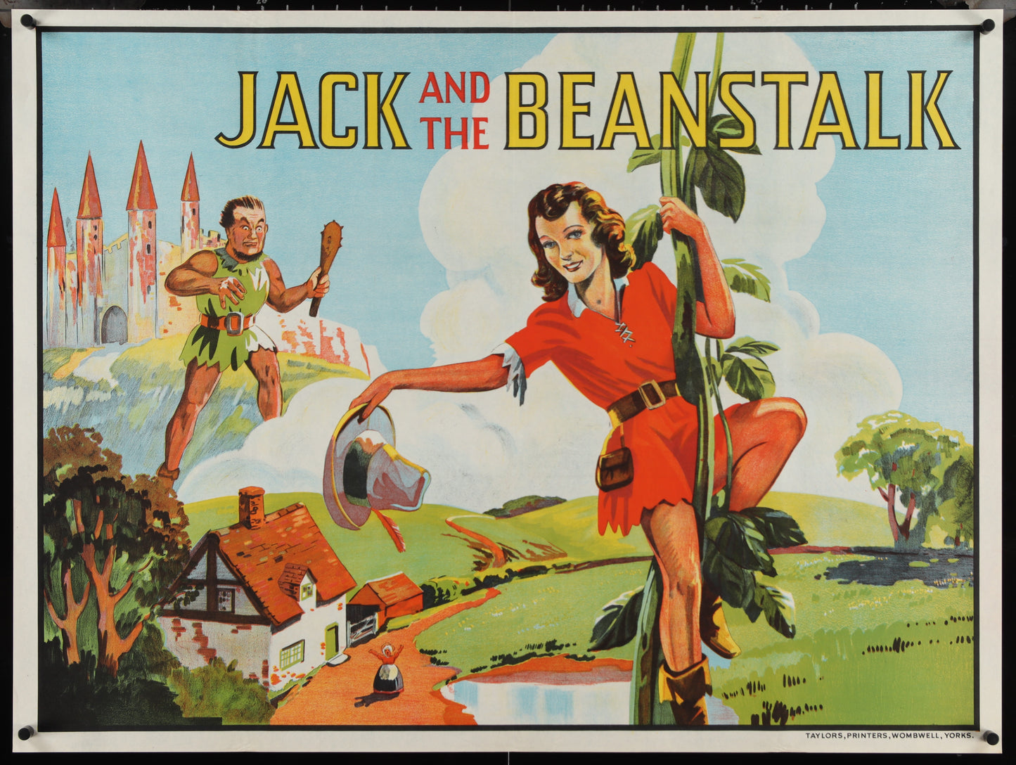 Vintage poster of 'Jack and the Beanstalk' with a fairy tale scene.