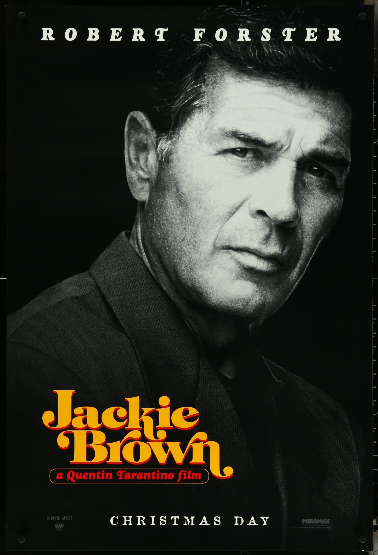 Black and white movie poster for 'Jackie Brown' featuring Robert Forster.