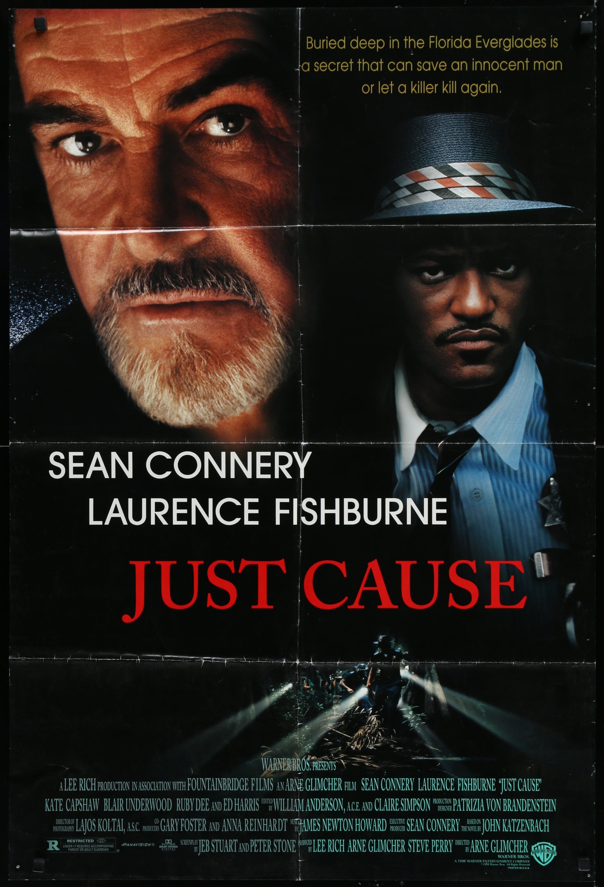 Original US one sheet movie poster for 'Just Cause' featuring Sean Connery and Laurence Fishburne with a dramatic background.