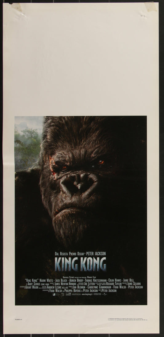 Original Italian Locandina movie poster for the 2005 film King Kong, featuring an image of the character King Kong with Naomi Watts, Jack Black, and Adrien Brody listed as cast members.