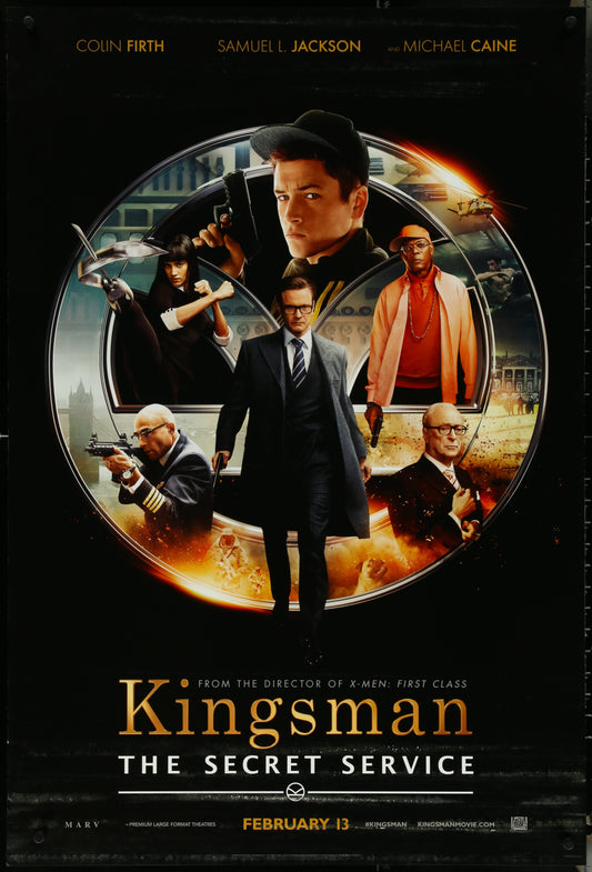Original US one-sheet movie poster for 'Kingsman: The Secret Service' featuring a collage of characters in a circular design with a black background, centered around the title and release date.