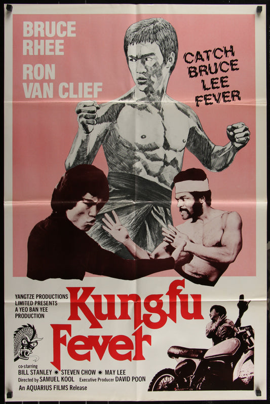Vintage style movie poster for 'Kung Fu Fever' featuring two men fighting with martial arts moves against a pink and black background. The poster has text and the names of the actors: Bruce Rhee and Ron Van Clief.