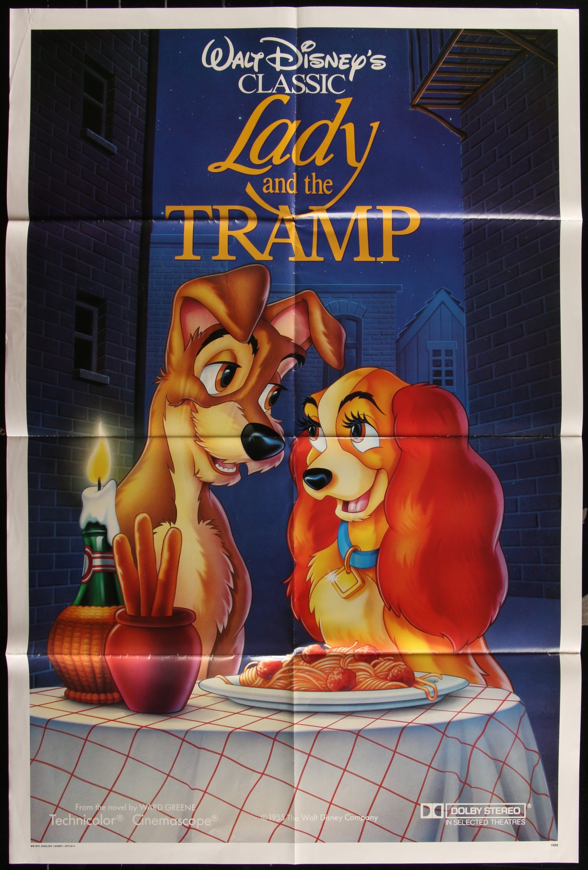 Original US one-sheet movie poster for 'Lady and the Tramp' featuring animated characters Lady and the Tramp seated at a table, with a Disney logo at the top.