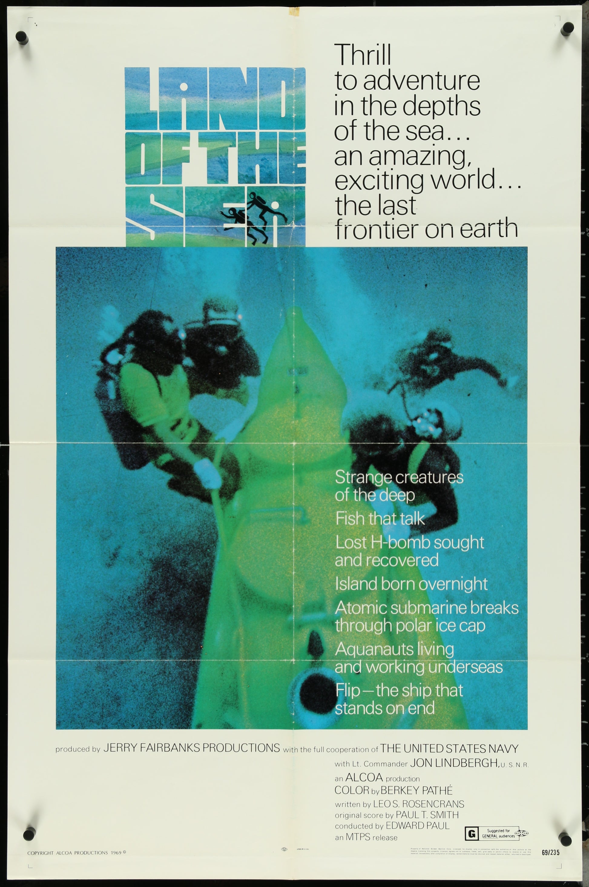 Vintage one-sheet movie poster for 'Land Of The Sea' featuring underwater divers and the title of the film.